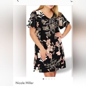 Nicole Miller Black and Pink Floral Mini Dress, Linen mix, Size Large